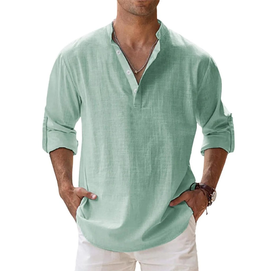 Men's cotton and linen stand-up collar Henley shirt loose-fitting