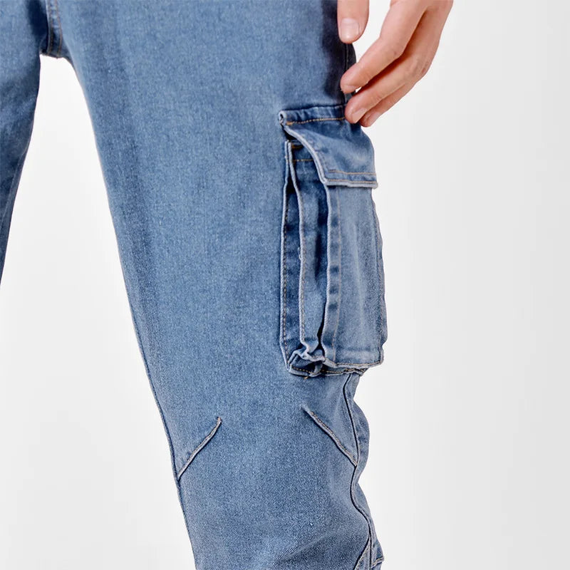 Men's Street Style Elastic Waist Denim Cargo Pants Solid Color Washed