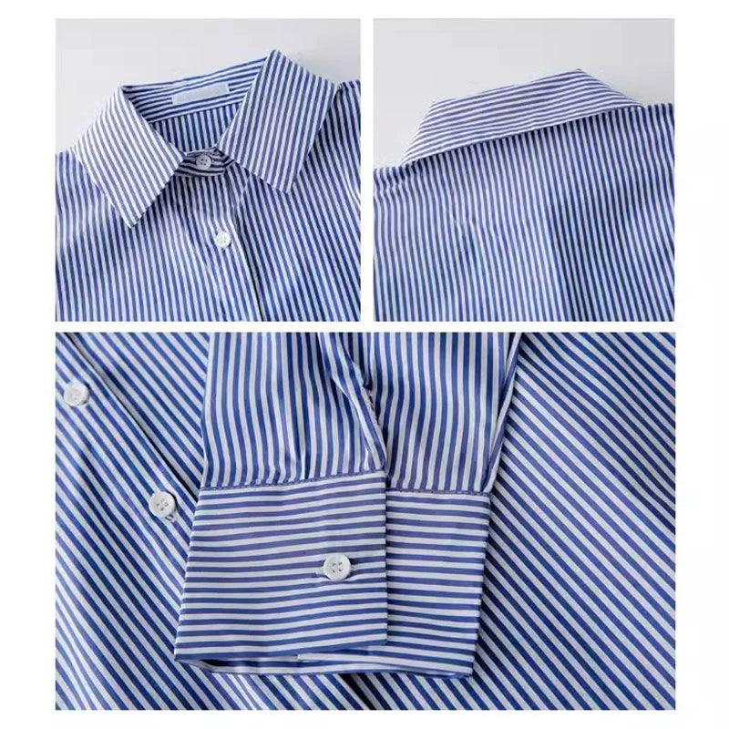 Classic Striped Woman Spring Autumn Blouses Shirt Lady Long Lantern