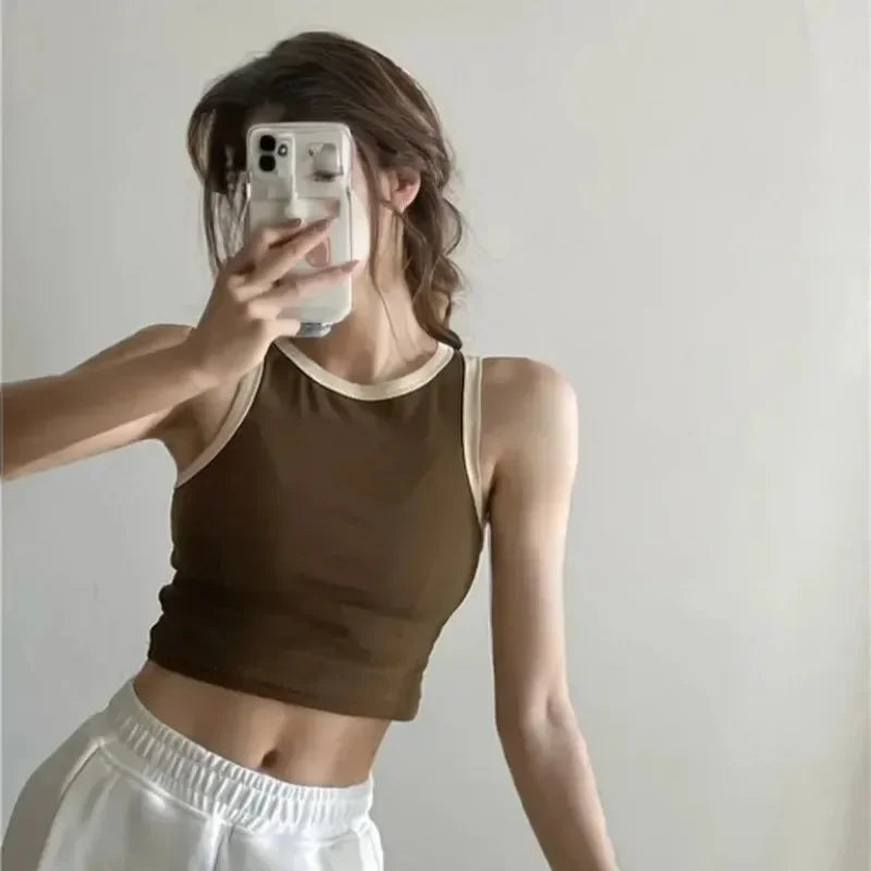 Spring Summer Color Block Sleeveless Vest Outerwear Pure Color Strap