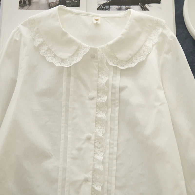 New Autumn 100% Cotton White Shirts Women Solid Cute Tops Girl Peter
