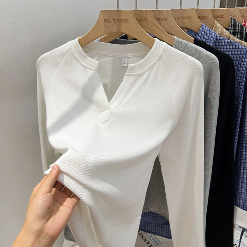 2026 Women's Basic Style Slim Fit V-Neck Long Sleeve T-Shirt Korean