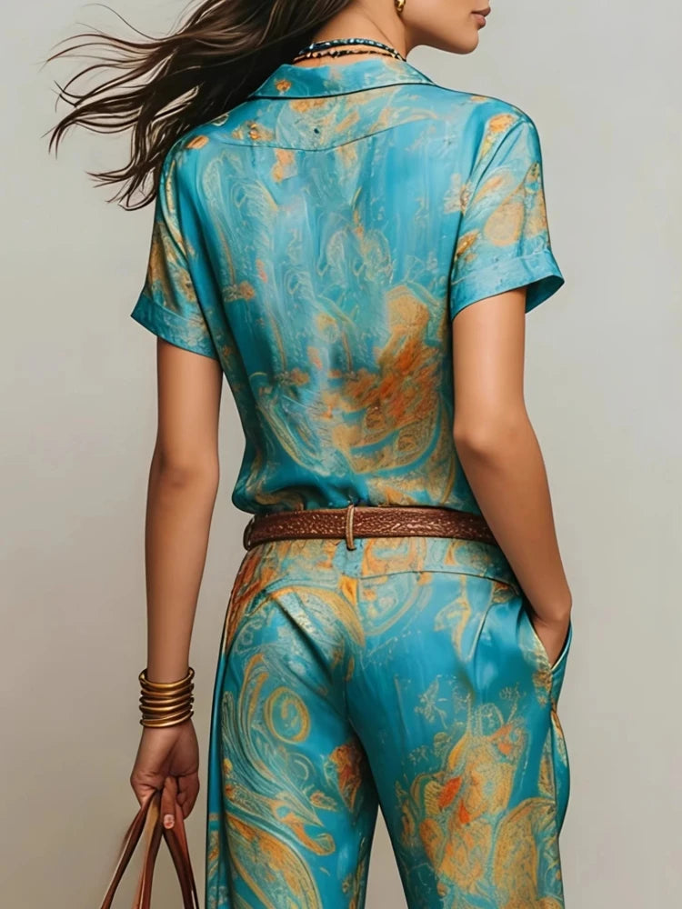 Women's Boho Paisley Print Two-Piece Set V-Neck Short Sleeve Blouse