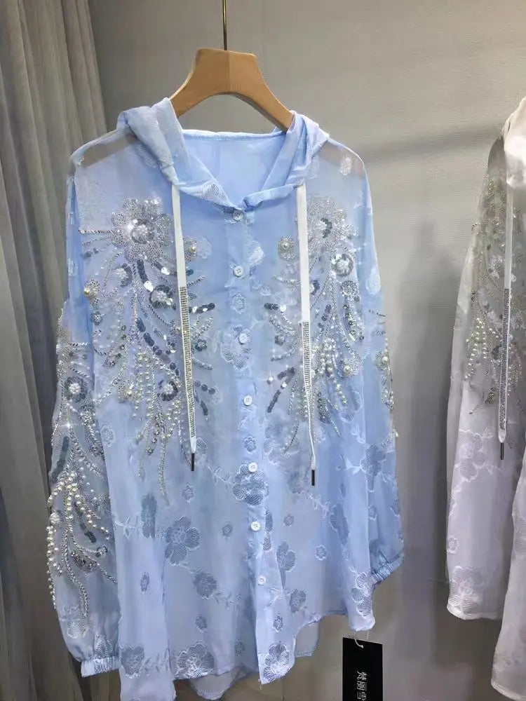 Luxury Style Loose Casual Mid-length Hooded Sunscreen Shirts Blouses