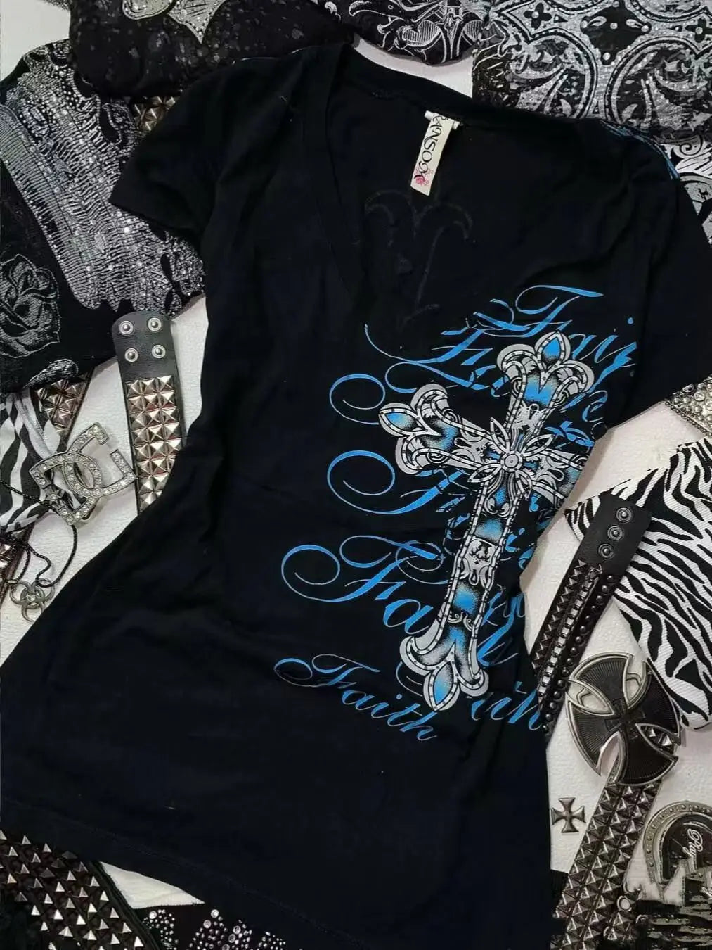 Rock Gothic Streetwear Letter Cross Graphic T shirts Gyaru 2000s