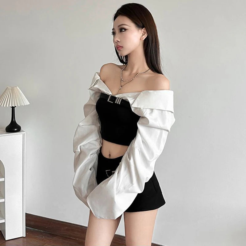 Y2K Slash Neck Shirts Women Streetwear Cropped Patchwork Long Sleeve