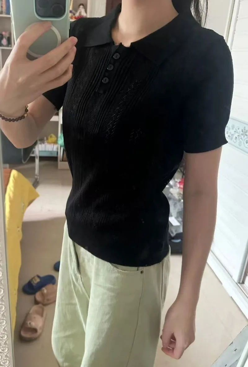 Women's Summer Thin Knit Polo Shirt Hollow-Out Short Sleeve Top