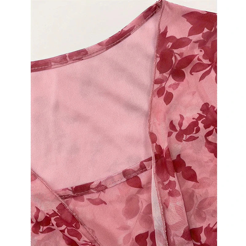 Summer Women's Y2k Floral Printed Sweet V-Neck T-shirts Mesh Beach
