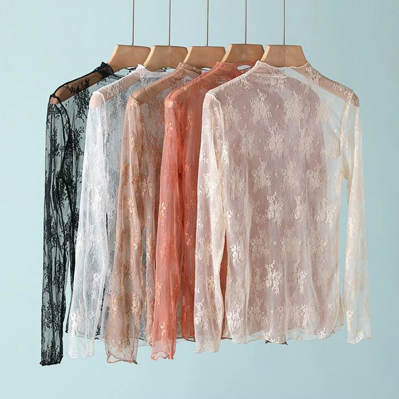 S-XL New Women Floral Lace Shirt Spring Autumn Long Sleeve Sexy Mesh
