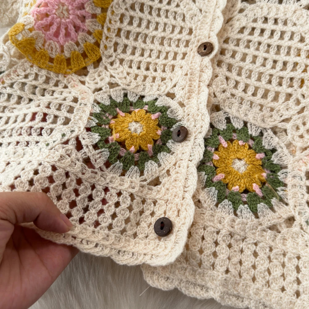 Square Neck Button-up Crochet Top Short Sleeve Granny Square Open-knit