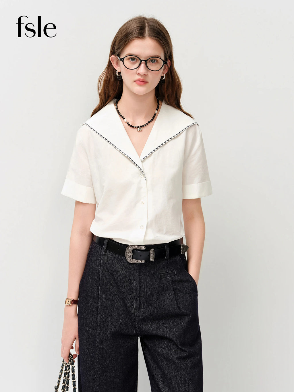 FSLE 2026 Summer Women's Sailor Collar Shell Embroidered Short Sleeve