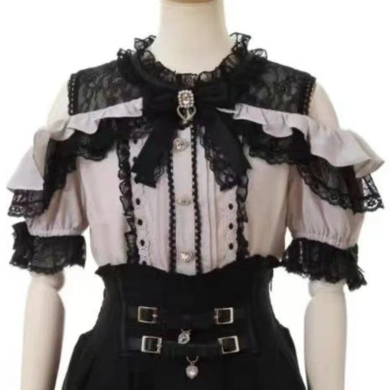 Japanese Kawaii Lolita Lace Patchwork Women Casual Blouses Harajuku