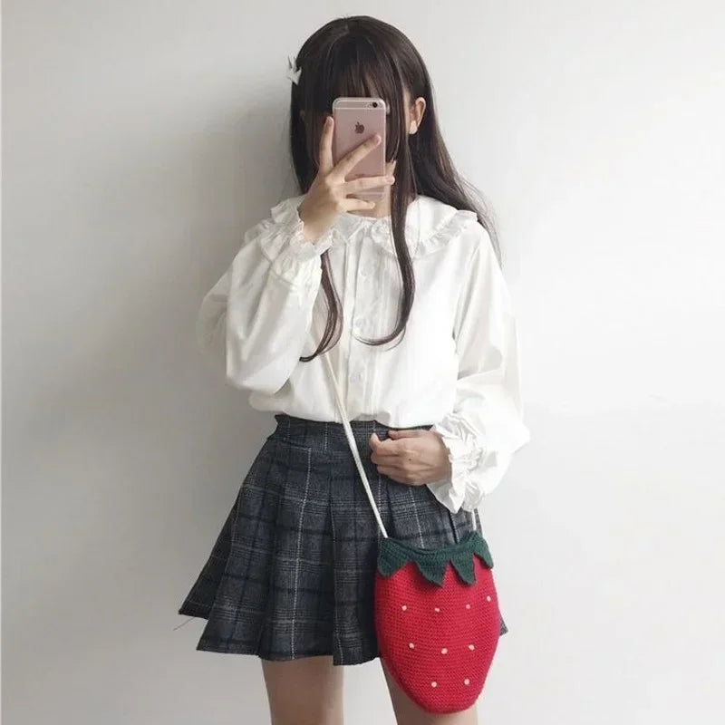 White Shirt Women Kawaii Peter Pan Collar Blouses Button Up Long