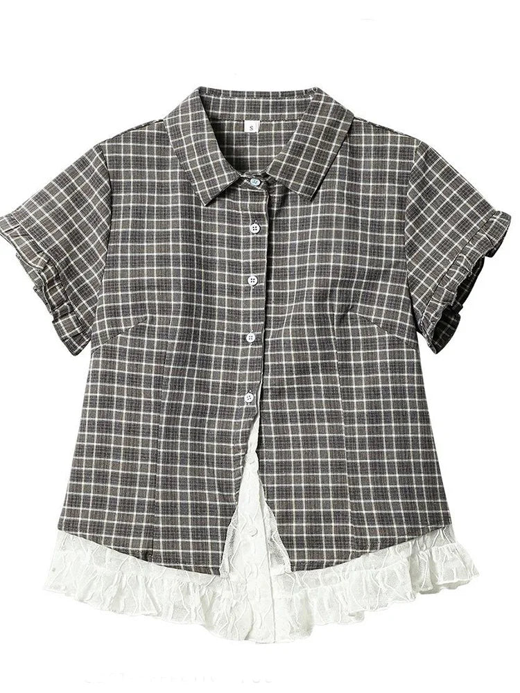 Lace Patchwork Plaid Shirt Women Summer Sweet Short Sleeve Vintage