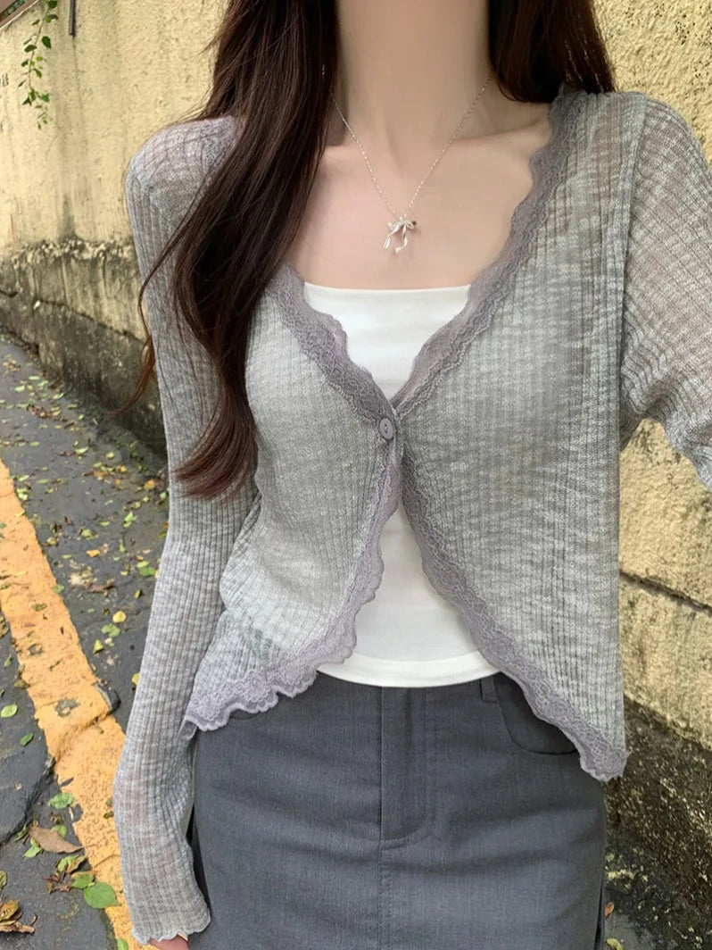 Lace Trim One Button Long Sleeve Crop Top Women Short Sleeve Open