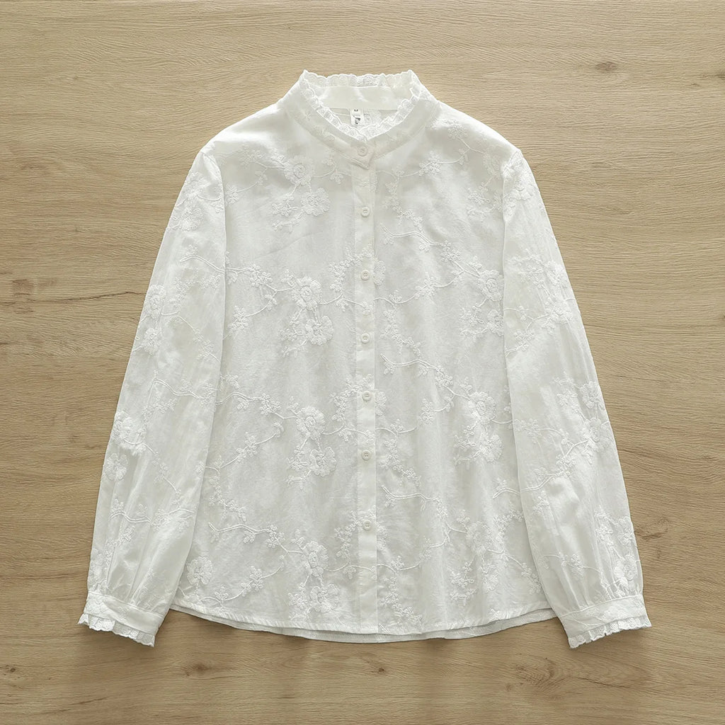 Sweet Mori Girl Lace Embroidered Shirt Female Stand Collar Blouse