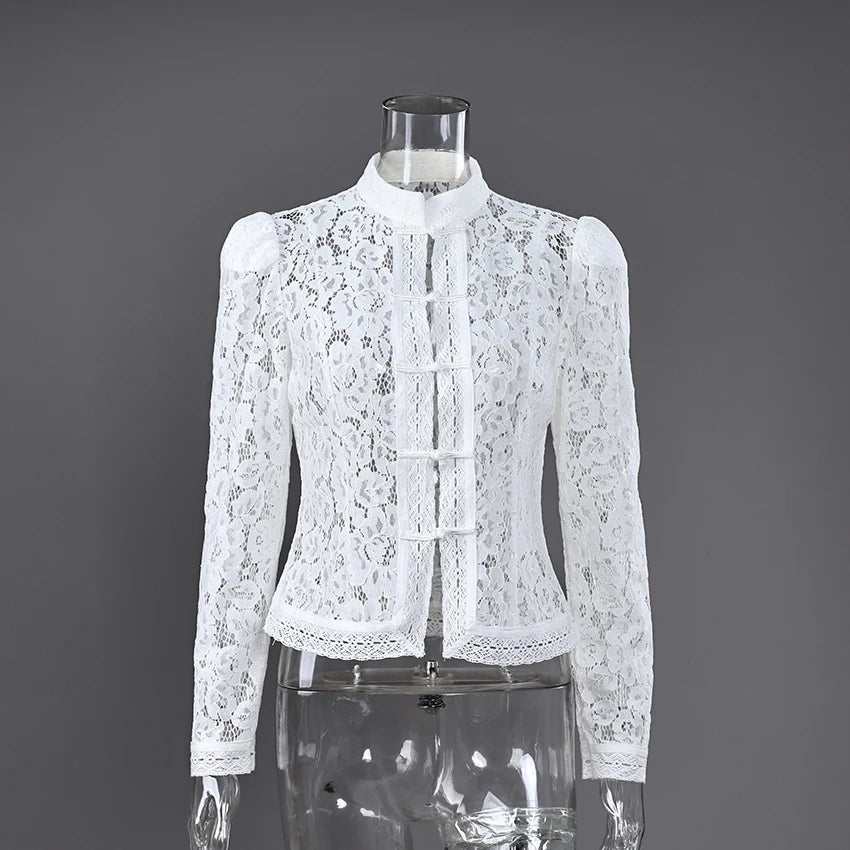 Linad Elegant Embroidery Puff Sleeve White Shirts Summer Sexy Hollow