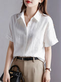 Women's Casual White Blouse, Short Sleeve V-Neck Shirt, Business