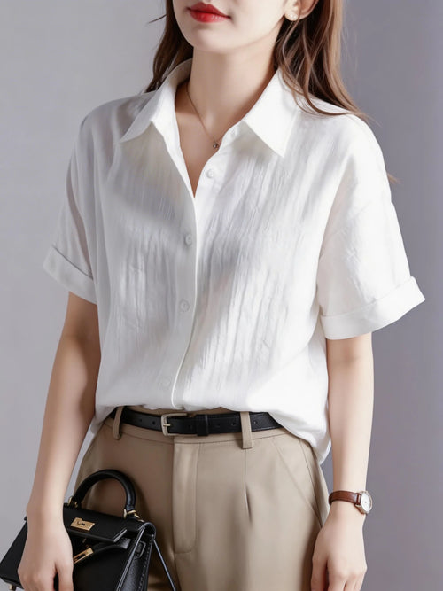 Women's Casual White Blouse, Short Sleeve V-Neck Shirt, Business