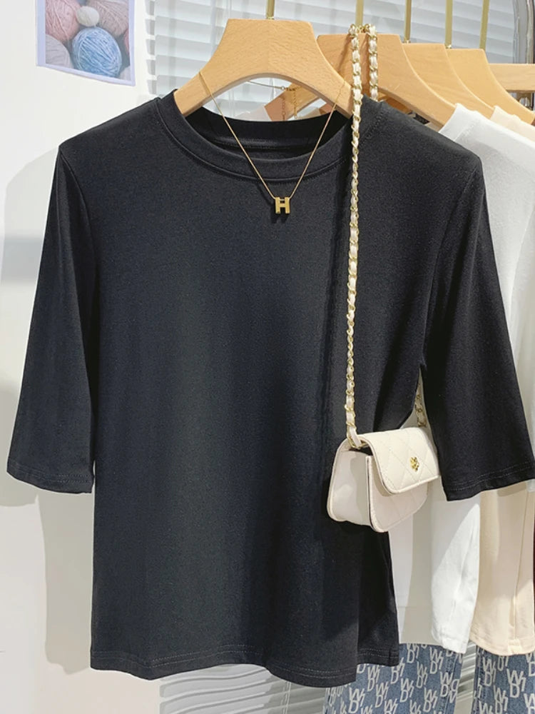 AOSSVIAO 2026 Summer 100% Cotton Women's T-shirt Bottoming Basic Crew