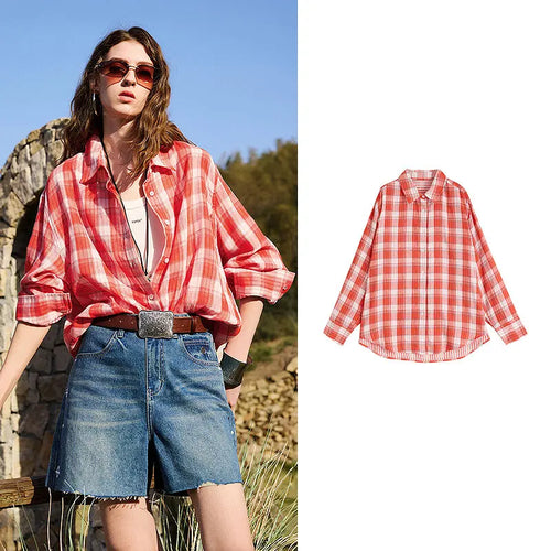 TOYOUTH Women Cotton Shirts 2026 Spring New Retro Plaid Hong Kong