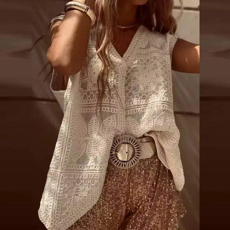 Summer New Casual Vacation Loose Button Tops Chic Texture Hollow Out