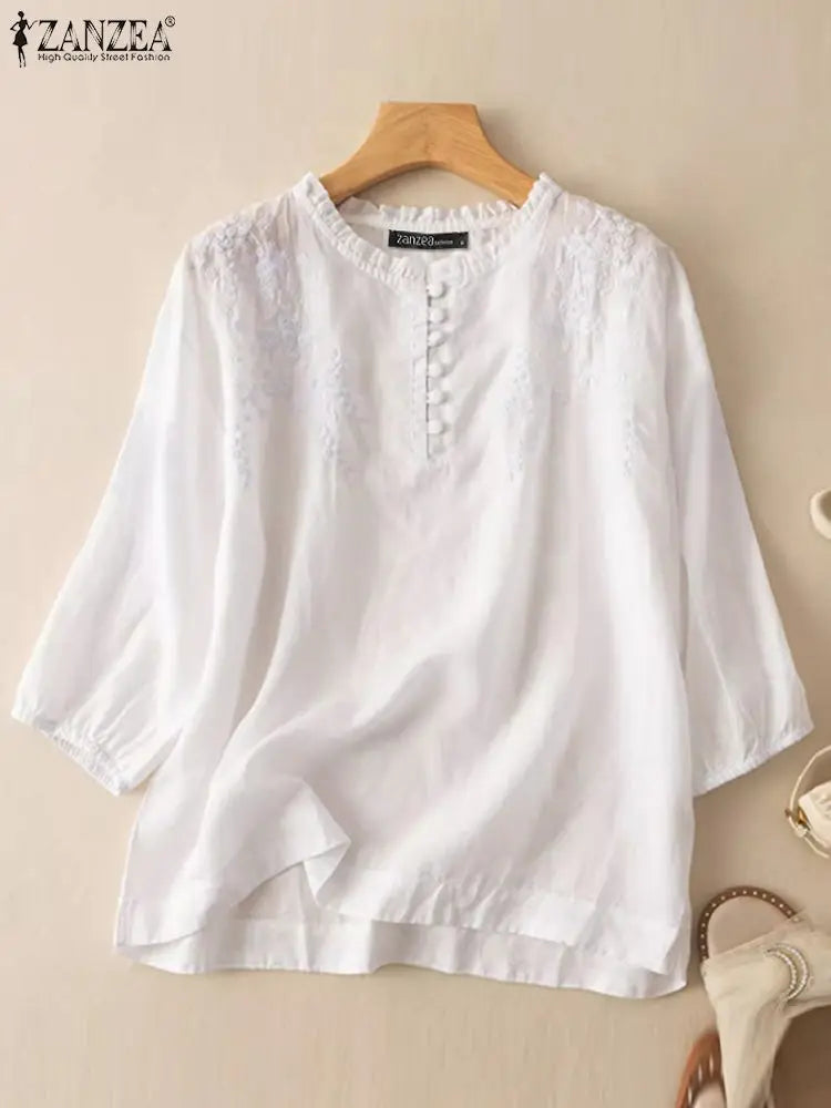 ZANZEA Summer Vintage Shirts Elegant OL Work Blouse Women 3/4 O Neck
