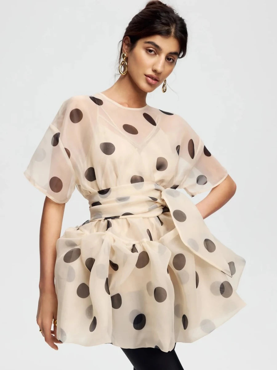 LIMO Women Sheer Organza Polka Dot Blouse Loose Short Sleeve Ruffle