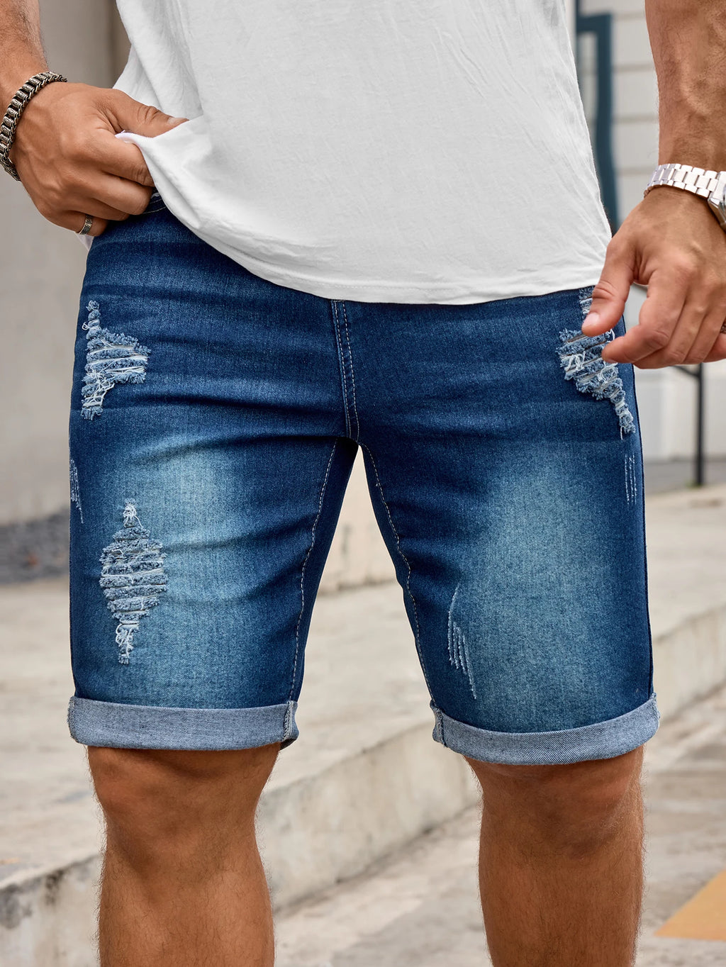 Men Denim Trousers Jeans Shorts Pants, Ripped Hole Rolled Hem Mid
