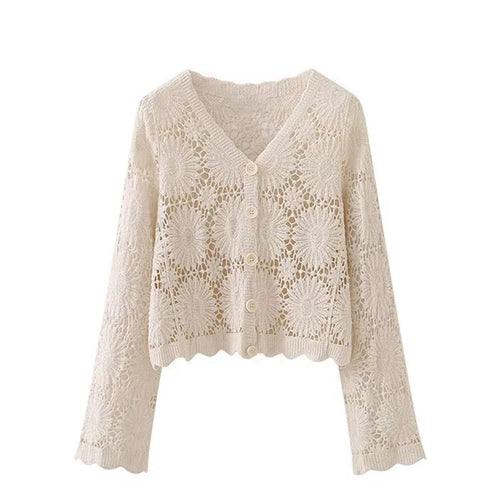 Daisy Crochet Cardigan Women Embroidered Floral Long Sleeve Button Up