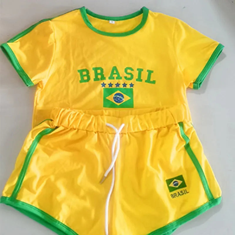 2000s Aesthetic BRASIL Letter Print T-Shirt Shorts Suit Women Vintage