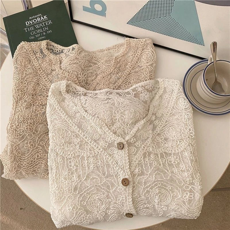 Vintage Summer Lace Sun Shirts Women White Blouses 2026 See Through