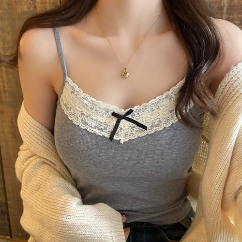 Bow Decoration V Neck Slim Tank New Skin-friendly Sexy Back Lace Trim