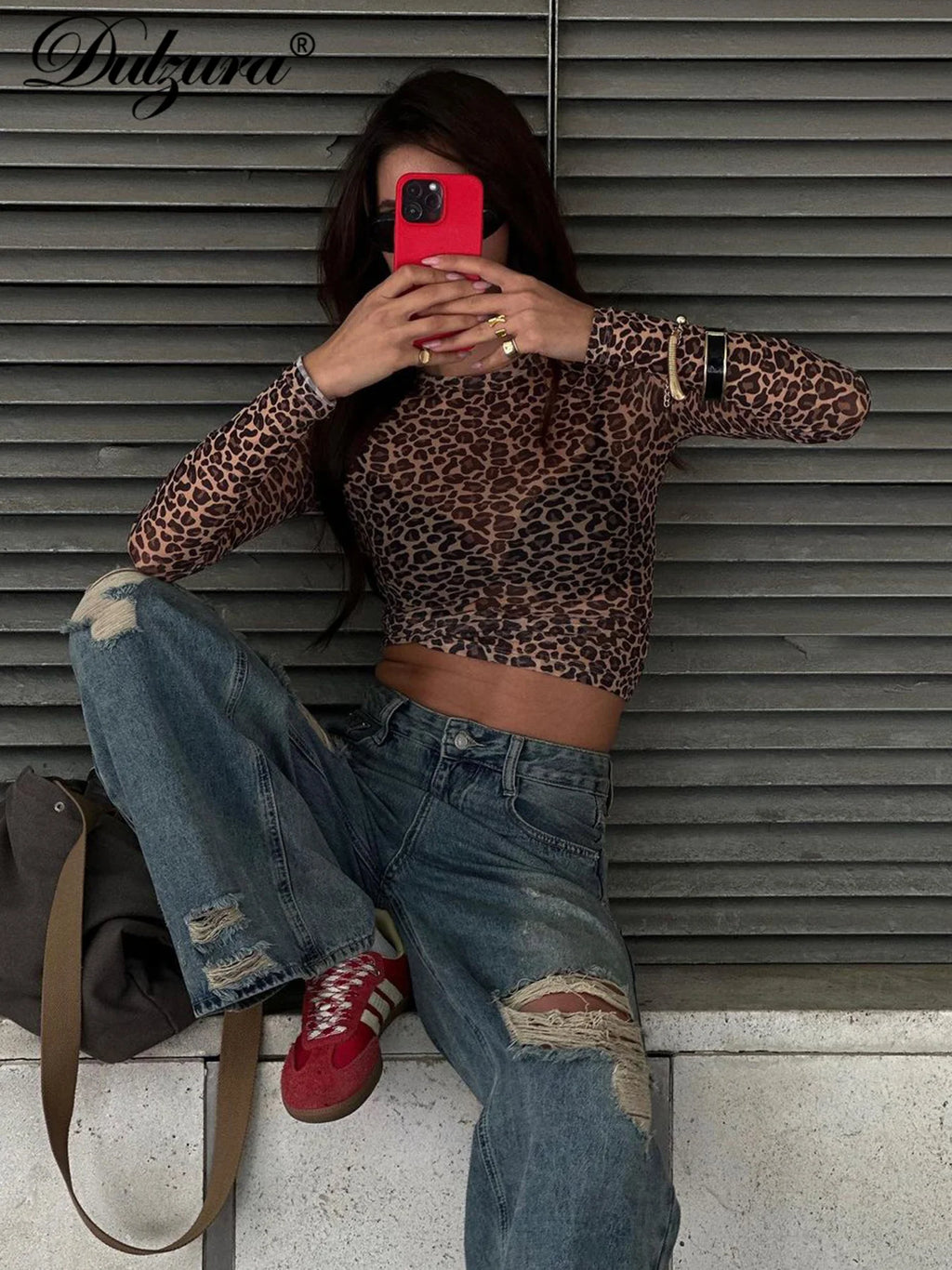 Dulzura Sexy Long Sleeves Tops Mesh T Shirt Leopard Printed Bodycon