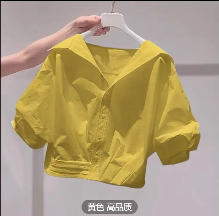 Lapel Bubble Sleeve Shirt Women Loose Fit Cropped Top Female blouse