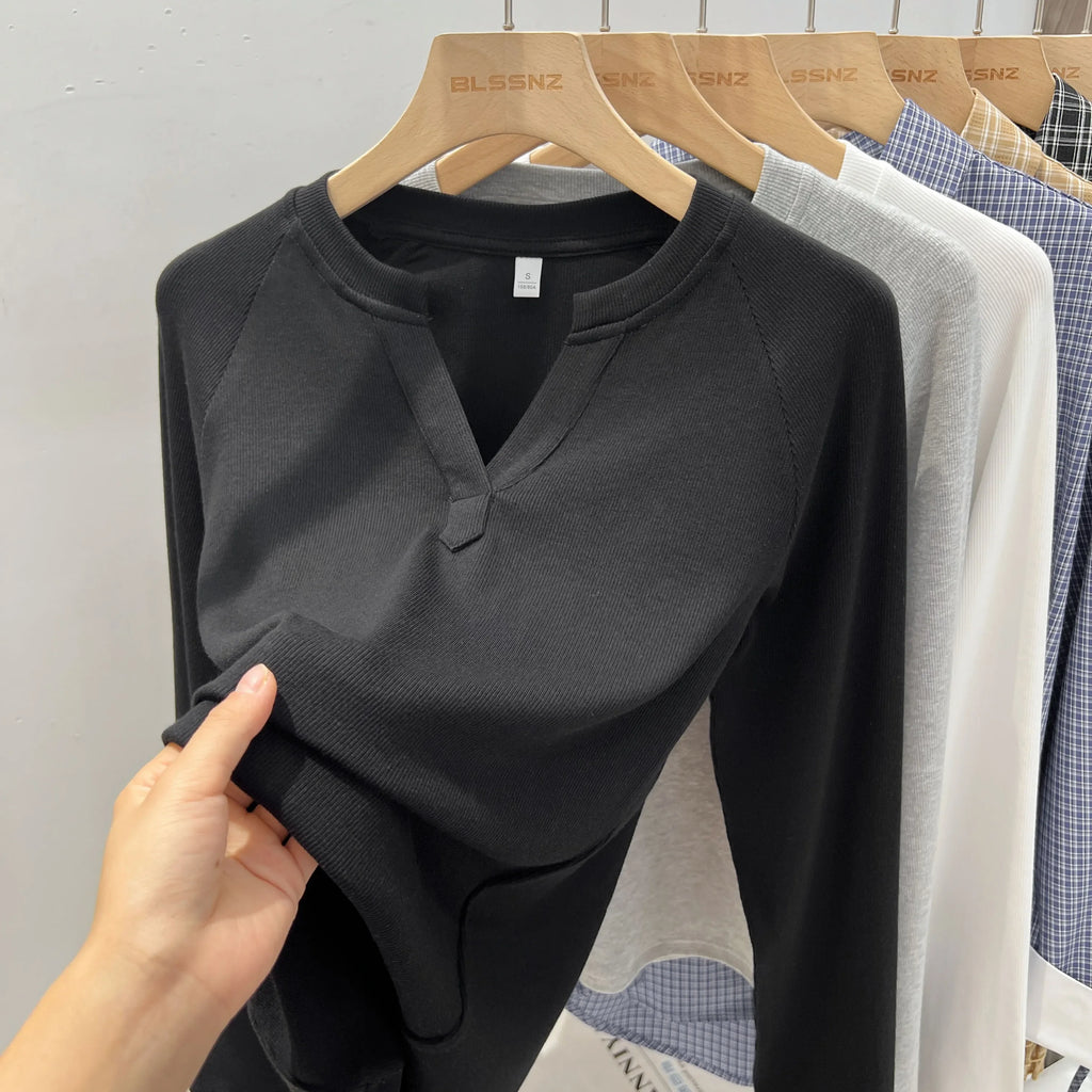 2026 Women's Basic Style Slim Fit V-Neck Long Sleeve T-Shirt Korean