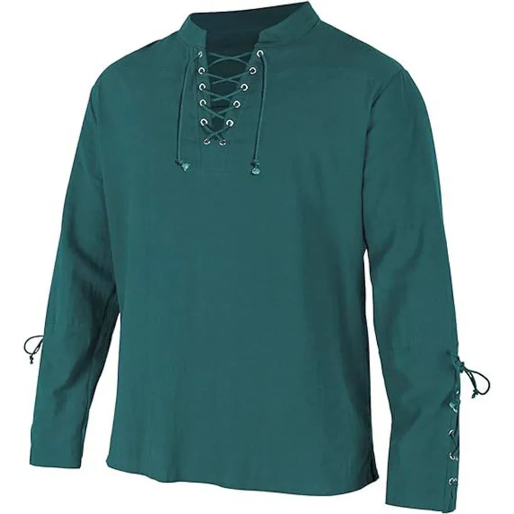 Men's Long Sleeve Shirts Lace Up V-neck Cuff Medieval Pirate Dress Up