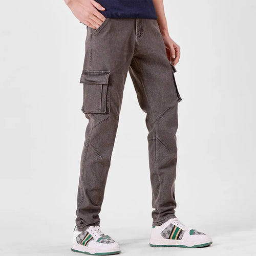 Men's Street Style Elastic Waist Denim Cargo Pants Solid Color Washed