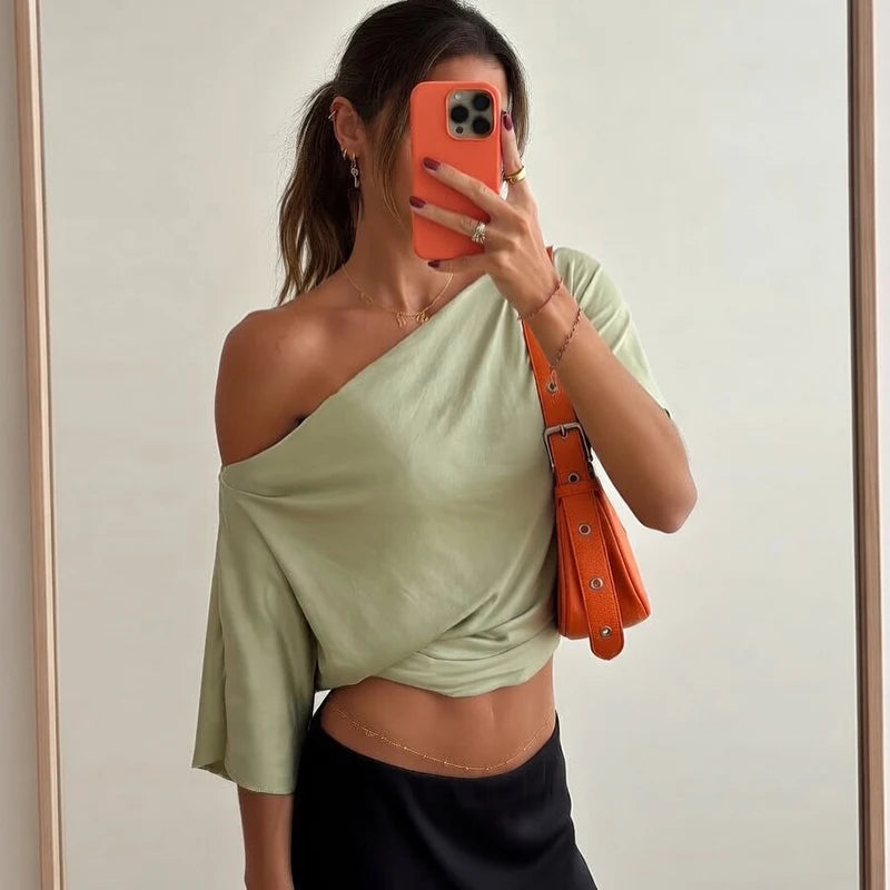 Solid One Shoulder T-shirt Women Tops 2026 Summer Short Sleeve Crop