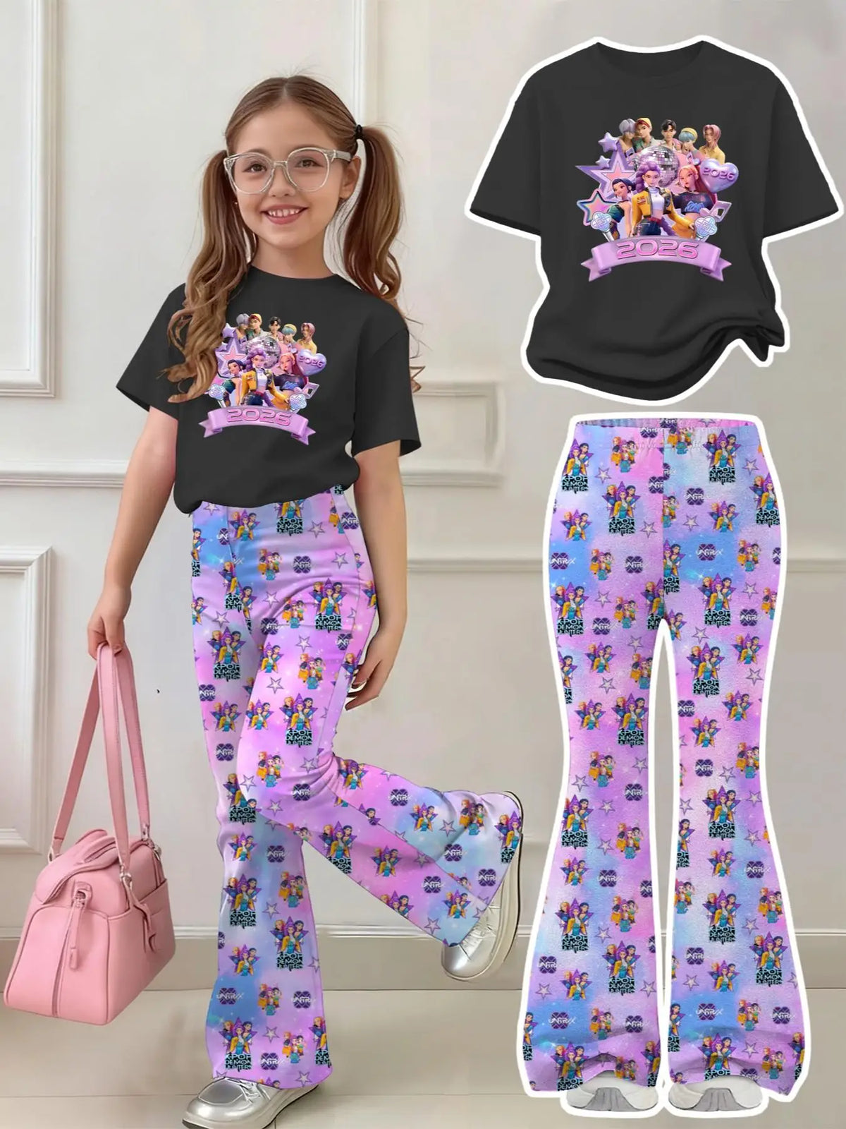 Girls 2-Piece 2026 K-Pop Concert Outfit - Black Graphic T-Shirt &