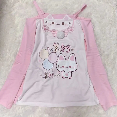 Sweet Japanese T-shirts Women's Clothing Pink Butterfly Patchwork Lace