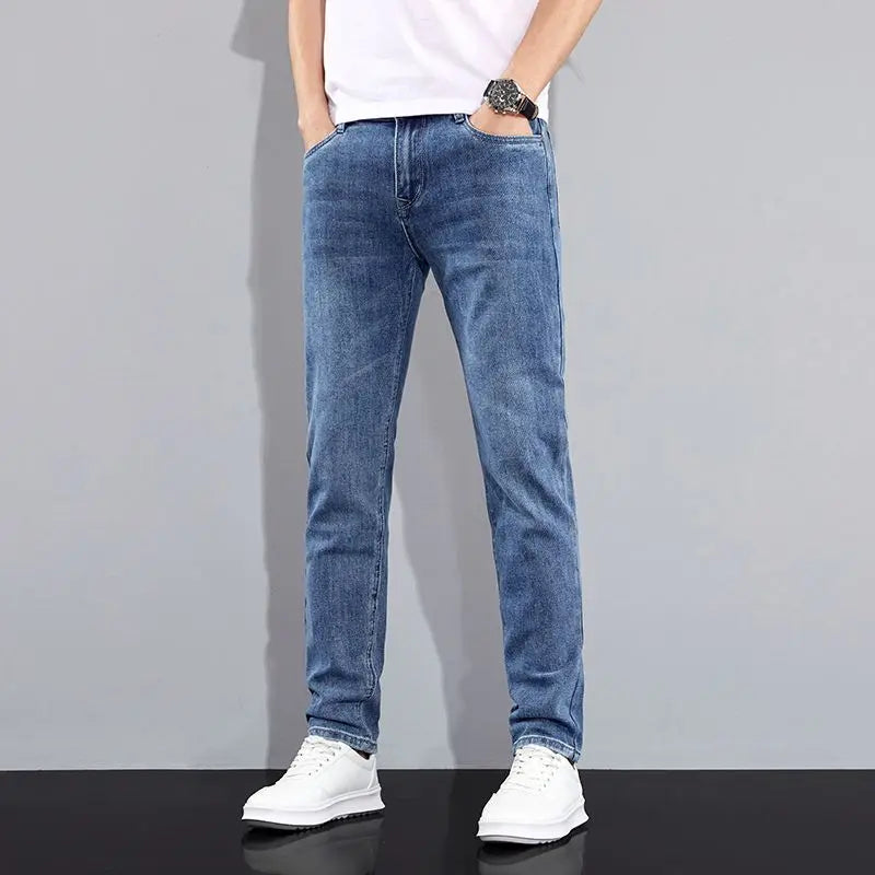 Autumn Winter New Men's Micro Elastic Straight Leg Denim Pants with