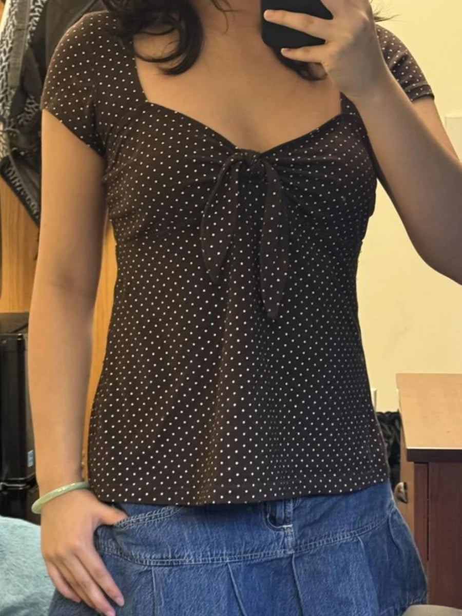 Women Fairy Grunge Coquette Shirts Y2K Polka Dot Puff Short Sleeve
