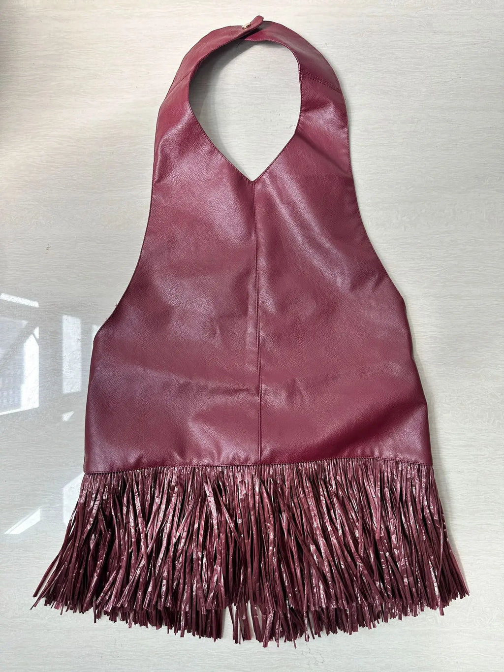 Faux Leather Fringe Ptachwork Halter Top Women Casual Solid Sleeveless