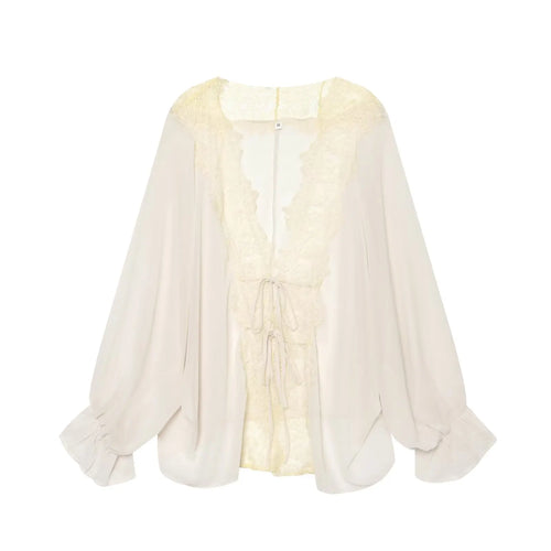 TFMLN Women Lace Patchwork Lantern Long Sleeve Shirt Top Tie-up Loose