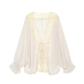 TFMLN Women Lace Patchwork Lantern Long Sleeve Shirt Top Tie-up Loose