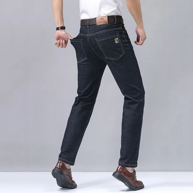 Men Spring Autumn Slim Fit Straight Leg Stretch Jeans Business Casual