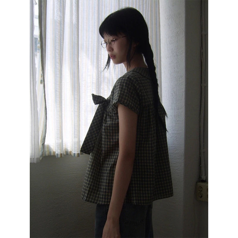 Vintage Plaid Shirts Women Japanese Harajuku Bow Peter Pan Collar