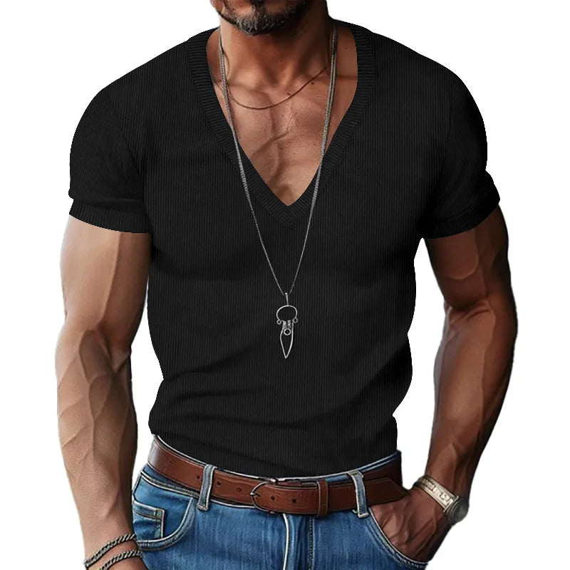 Men's Corduroy European and American Summer Men's V-Neck Solid Color