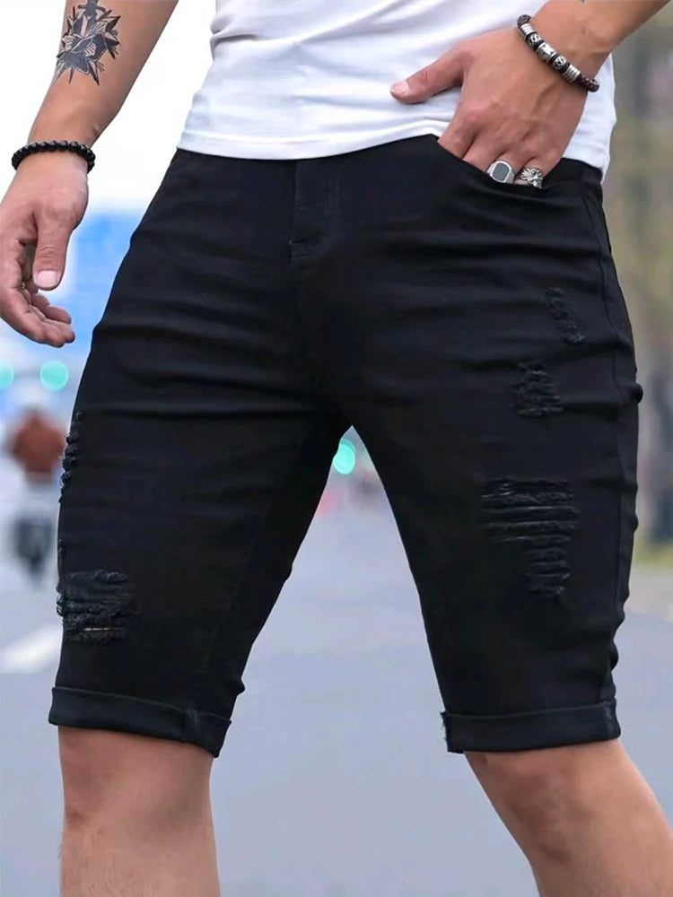 Summer Men's Retro High Waist Denim Shorts Hole-Punched Straight Leg